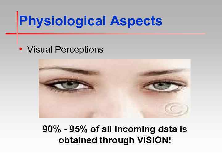 Physiological Aspects • Visual Perceptions 90% - 95% of all incoming data is obtained