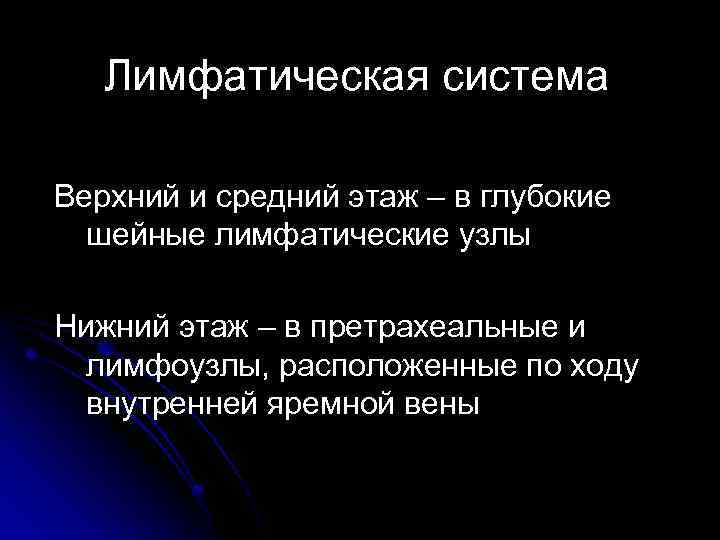 Лимфатическая система Верхний и средний этаж – в глубокие шейные лимфатические узлы Нижний этаж