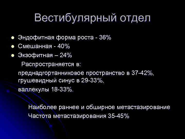 Вестибулярный отдел Эндофитная форма роста - 36% l Смешанная - 40% l Экзофитная –
