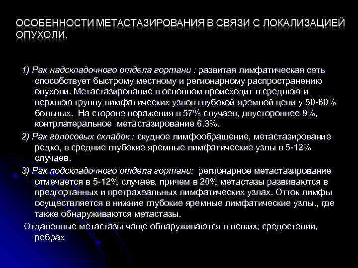 1) Рак надскладочного отдела гортани : развитая лимфатическая сеть способствует быстрому местному и регионарному