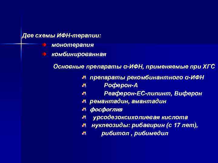 Две схемы ИФН-терапии: монотерапия комбинированная Основные препараты α-ИФН, применяемые при ХГС препараты рекомбинантного α-ИФН