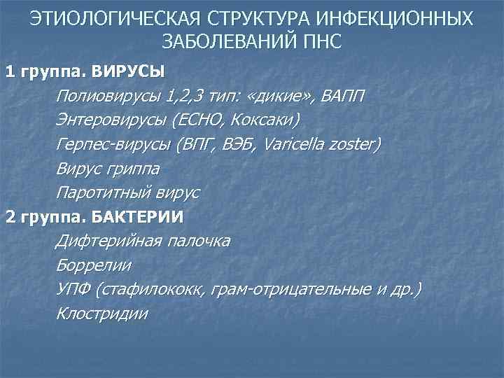 ЭТИОЛОГИЧЕСКАЯ СТРУКТУРА ИНФЕКЦИОННЫХ ЗАБОЛЕВАНИЙ ПНС 1 группа. ВИРУСЫ Полиовирусы 1, 2, 3 тип: «дикие»