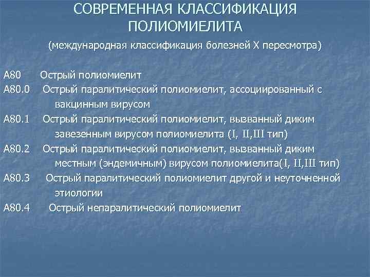 СОВРЕМЕННАЯ КЛАССИФИКАЦИЯ ПОЛИОМИЕЛИТА (международная классификация болезней Х пересмотра) А 80 Острый полиомиелит А 80.