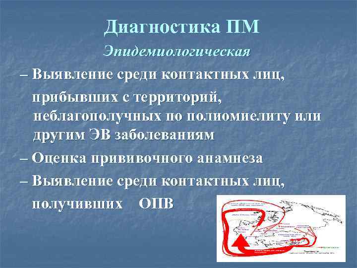 Диагностика ПМ Эпидемиологическая – Выявление среди контактных лиц, прибывших с территорий, неблагополучных по полиомиелиту
