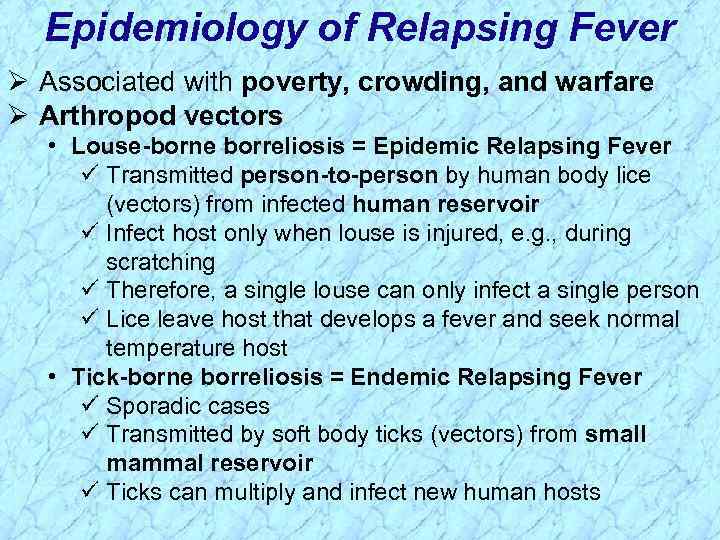 Epidemiology of Relapsing Fever Ø Associated with poverty, crowding, and warfare Ø Arthropod vectors