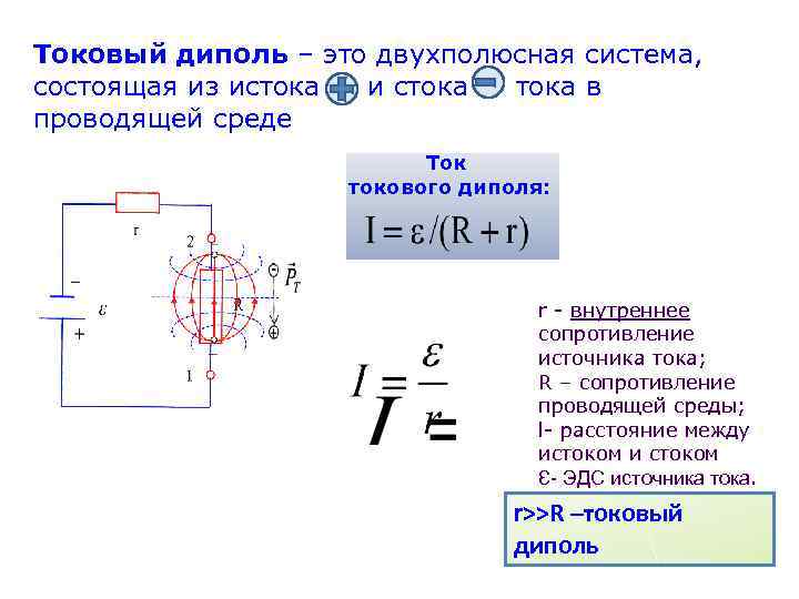 Токовый диполь – это двухполюсная система, состоящая из истока и стока в проводящей среде