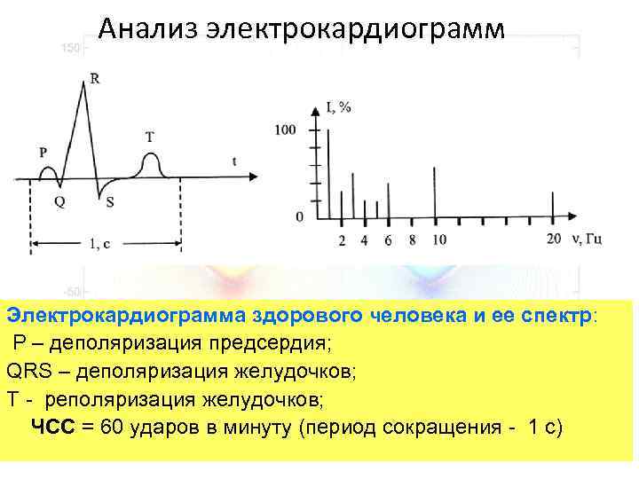 Анализ электрокардиограмм Электрокардиограмма здорового человека и ее спектр: Р – деполяризация предсердия; QRS –