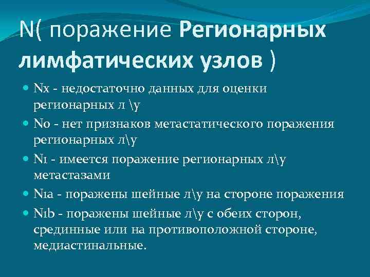 N( поражение Регионарных лимфатических узлов ) Nx - недостаточно данных для оценки регионарных л