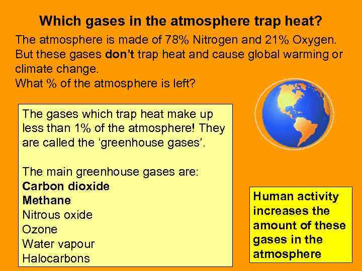 Which gases in the atmosphere trap heat? The atmosphere is made of 78% Nitrogen