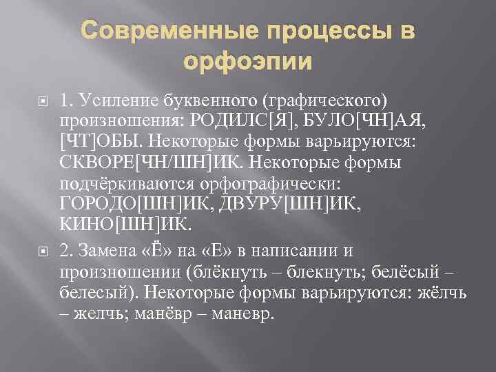 Современные процессы в орфоэпии 1. Усиление буквенного (графического) произношения: РОДИЛС[Я], БУЛО[ЧН]АЯ, [ЧТ]ОБЫ. Некоторые формы