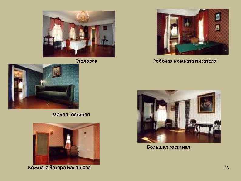 Столовая Рабочая комната писателя Малая гостиная Большая гостиная Комната Захара Балашова 13 