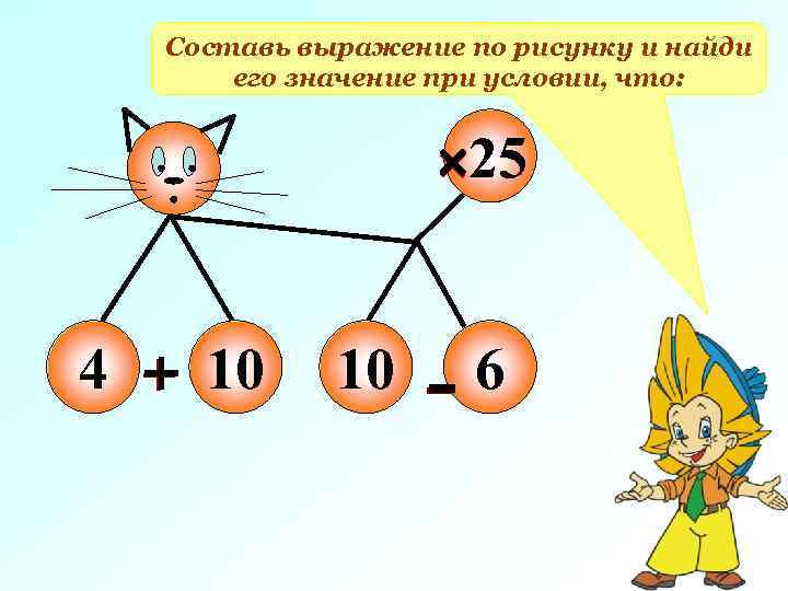 Составь выражение по рисунку и найди его значение при условии, что: 25 4 10