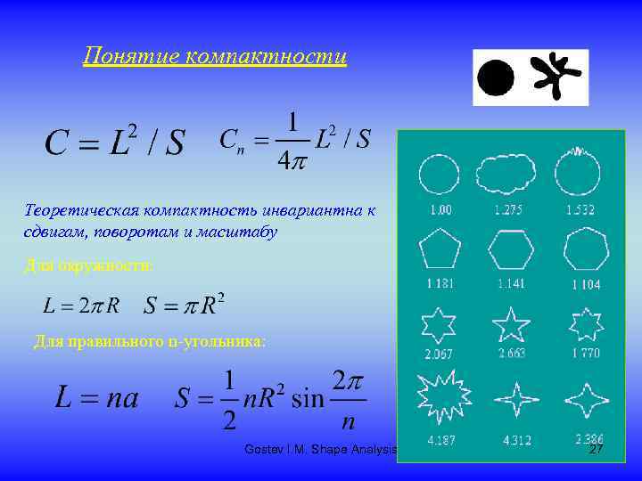 Понятие компактности Теоретическая компактность инвариантна к сдвигам, поворотам и масштабу Для окружности: Для правильного