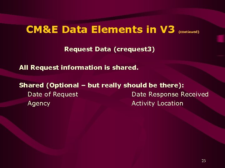CM&E Data Elements in V 3 (continued) Request Data (crequest 3) All Request information