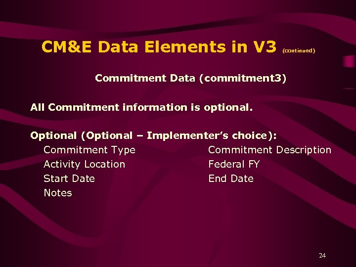 CM&E Data Elements in V 3 (continued) Commitment Data (commitment 3) All Commitment information