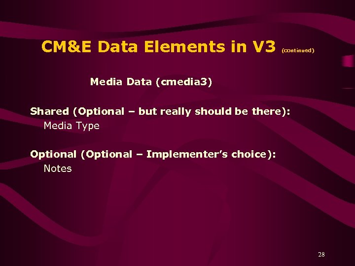 CM&E Data Elements in V 3 (continued) Media Data (cmedia 3) Shared (Optional –
