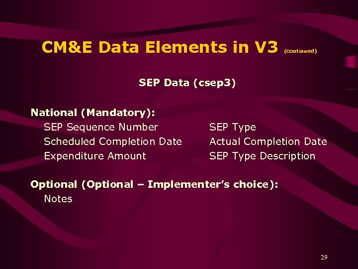CM&E Data Elements in V 3 (continued) SEP Data (csep 3) National (Mandatory): SEP