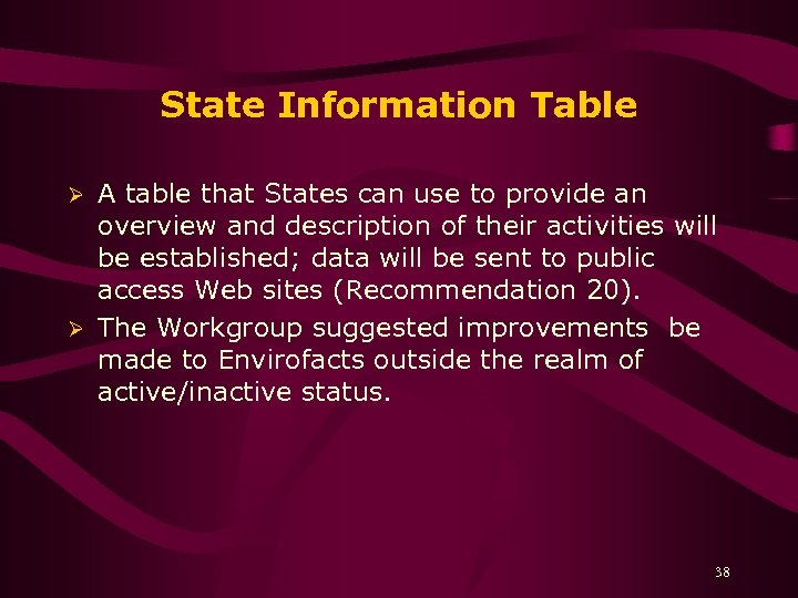 State Information Table A table that States can use to provide an overview and