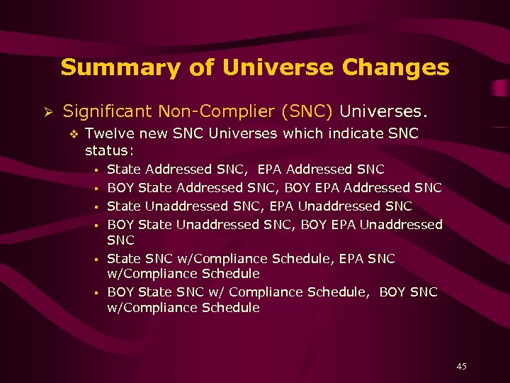 Summary of Universe Changes Ø Significant Non-Complier (SNC) Universes. v Twelve new SNC Universes