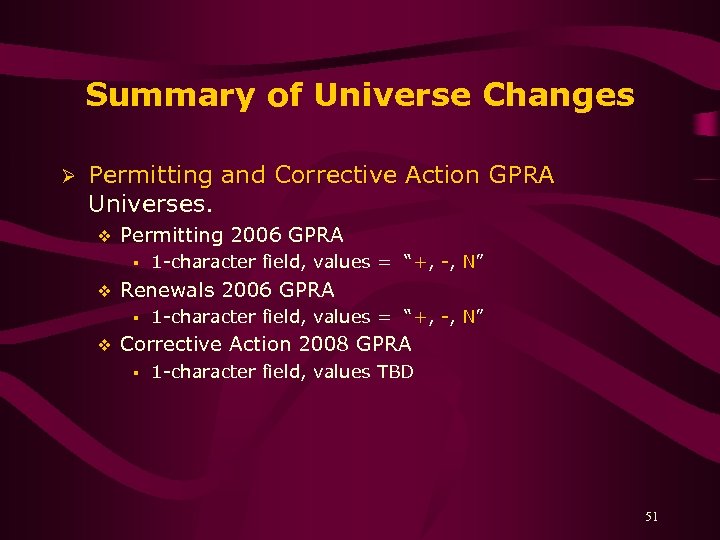 Summary of Universe Changes Ø Permitting and Corrective Action GPRA Universes. v Permitting 2006