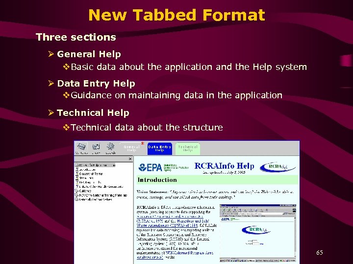 New Tabbed Format Three sections Ø General Help v. Basic data about the application