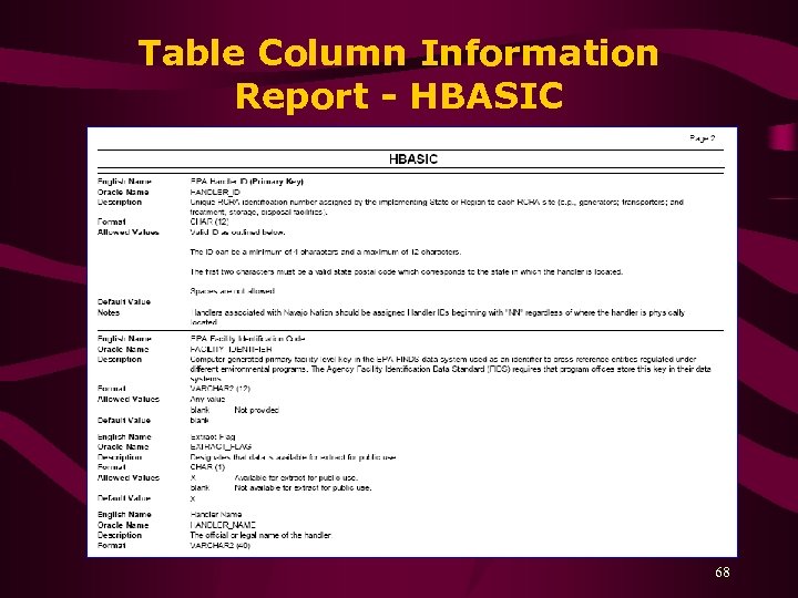Table Column Information Report - HBASIC 68 