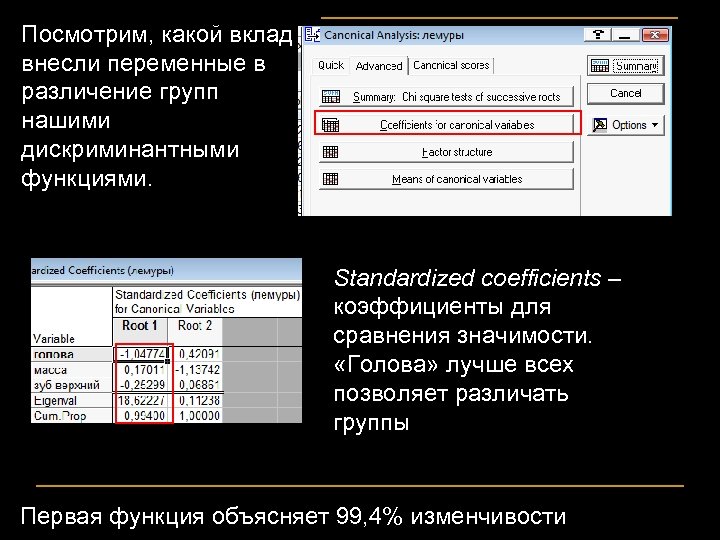 Посмотрим, какой вклад внесли переменные в различение групп нашими дискриминантными функциями. Standardized coefficients –