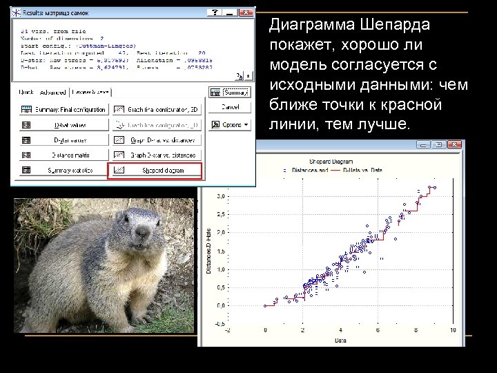 Диаграмма Шепарда покажет, хорошо ли модель согласуется с исходными данными: чем ближе точки к