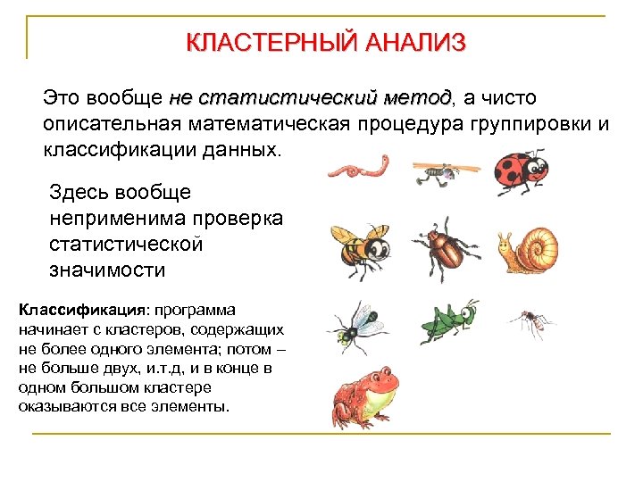 КЛАСТЕРНЫЙ АНАЛИЗ Это вообще не статистический метод, а чисто метод описательная математическая процедура группировки