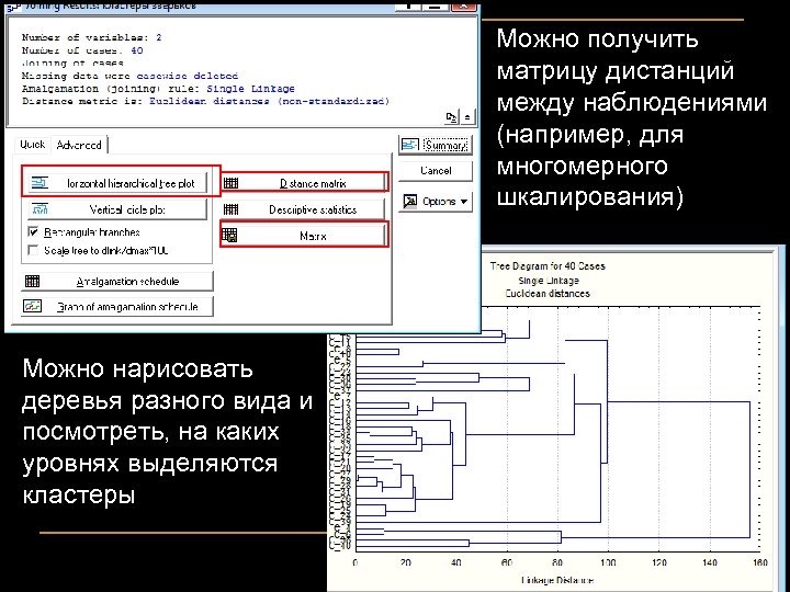 Можно получить матрицу дистанций между наблюдениями (например, для многомерного шкалирования) Можно нарисовать деревья разного