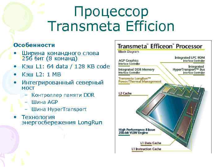 Процессор Transmeta Efficion Особенности • Ширина командного слова 256 бит (8 команд) • Кэш