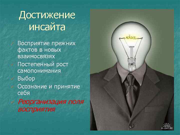 Достижение инсайта ü ü ü Восприятие прежних фактов в новых взаимосвязях Постепенный рост самопонимания