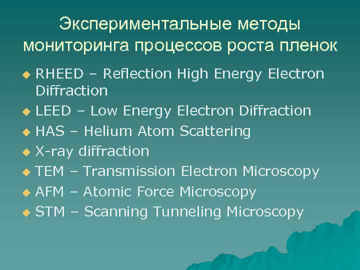 Экспериментальные методы мониторинга процессов роста пленок RHEED – Reflection High Energy Electron Diffraction u