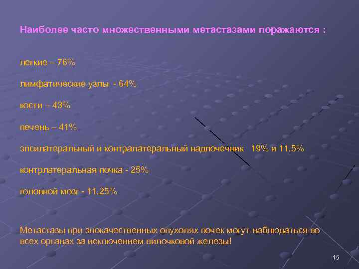 Наиболее часто множественными метастазами поражаются : легкие – 76% лимфатические узлы 64% кости –