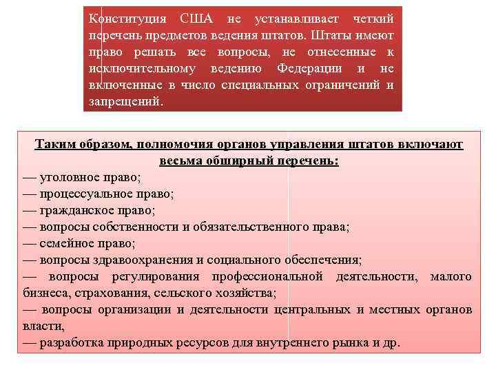 Конституция США не устанавливает четкий перечень предметов ведения штатов. Штаты имеют право решать все