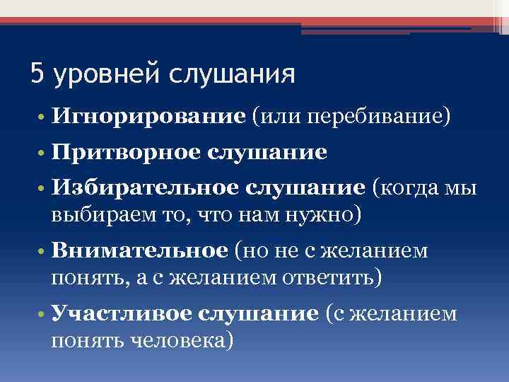 5 уровней слушания • Игнорирование (или перебивание) • Притворное слушание • Избирательное слушание (когда