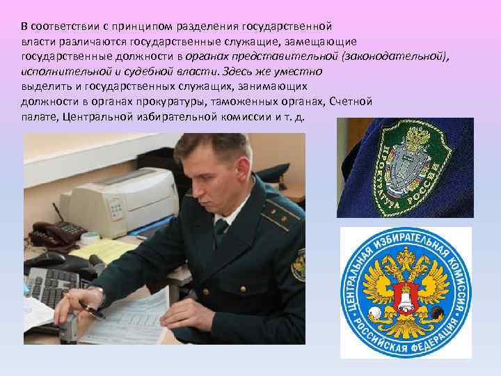 В соответствии с принципом разделения государственной власти различаются государственные служащие, замещающие государственные должности в