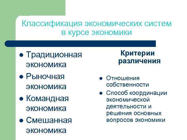 Классификация экономических систем в курсе экономики Традиционная экономика l Рыночная экономика l Командная экономика