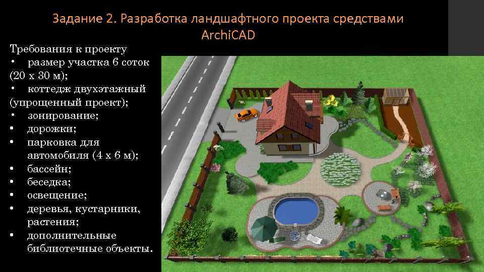 Задание 2. Разработка ландшафтного проекта средствами Archi. CAD Требования к проекту • размер участка