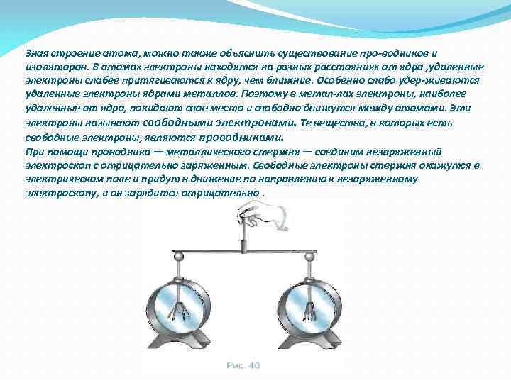 Зная строение атома, можно также объяснить существование про водников и изоляторов. В атомах электроны