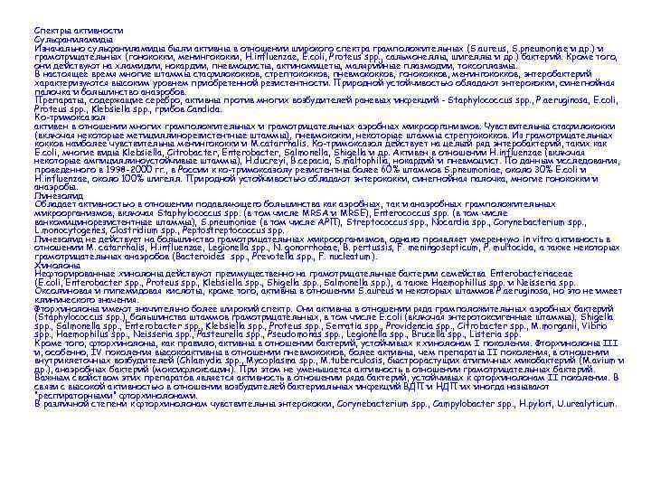 Спектры активности Сульфаниламиды Изначально сульфаниламиды были активны в отношении широкого спектра грамположительных (S. aureus,