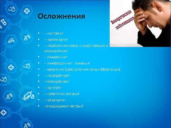 Осложнения • • • – литтреит – колликулит – поражения кожи в виде эрозии