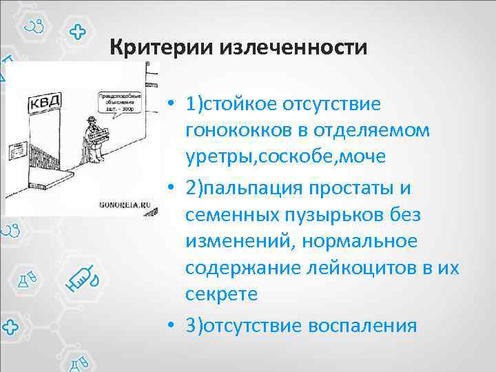 Критерии излеченности • 1)стойкое отсутствие гонококков в отделяемом уретры, соскобе, моче • 2)пальпация простаты