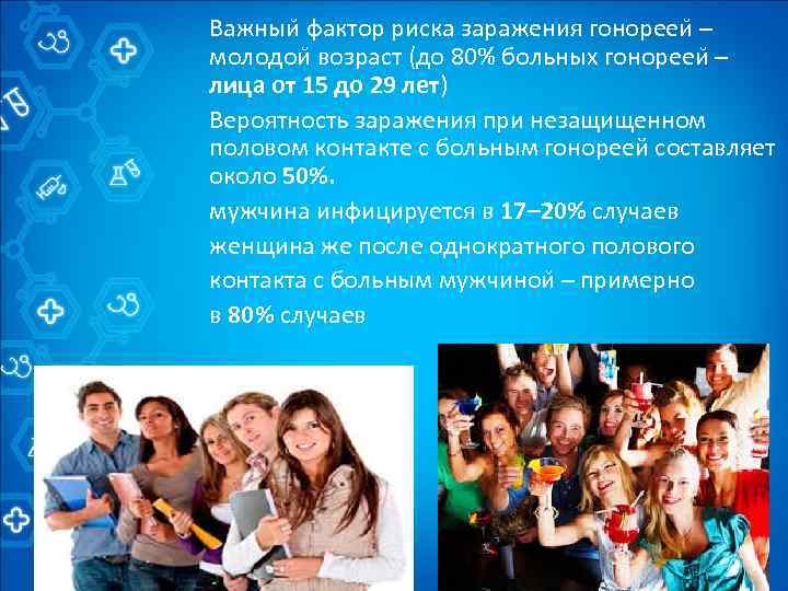 Важныи фактор риска заражения гонорееи – молодои возраст (до 80% больных гонорееи – лица