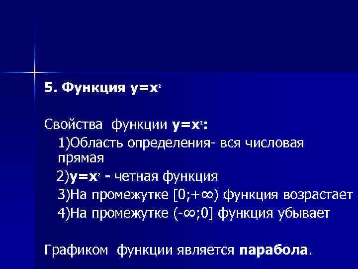 5. Функция y=x 2 Свойства функции y=x : 1)Область определения- вся числовая прямая 2)y=x