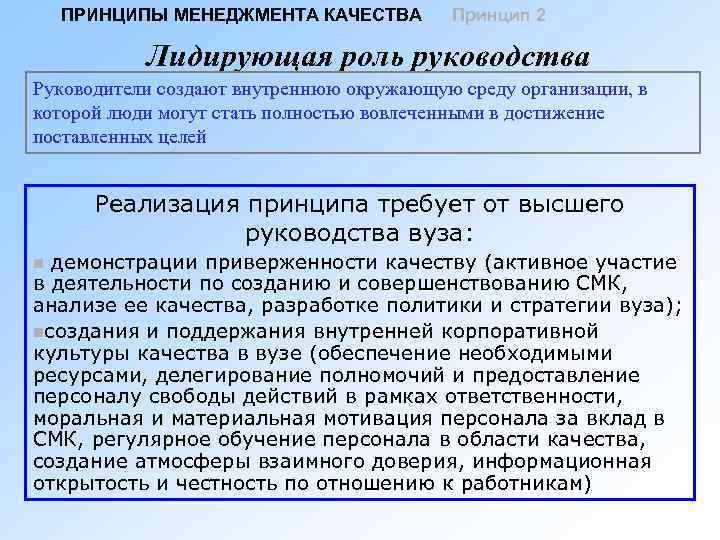 ПРИНЦИПЫ МЕНЕДЖМЕНТА КАЧЕСТВА Принцип 2 Лидирующая роль руководства Руководители создают внутреннюю окружающую среду организации,