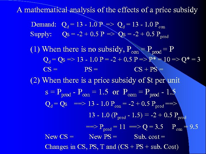 A mathematical analysis of the effects of a price subsidy Demand: Qd = 13