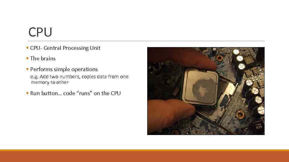 CPU § CPU- Central Processing Unit § The brains § Performs simple operations e.