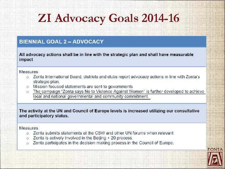 ZI Advocacy Goals 2014 -16 