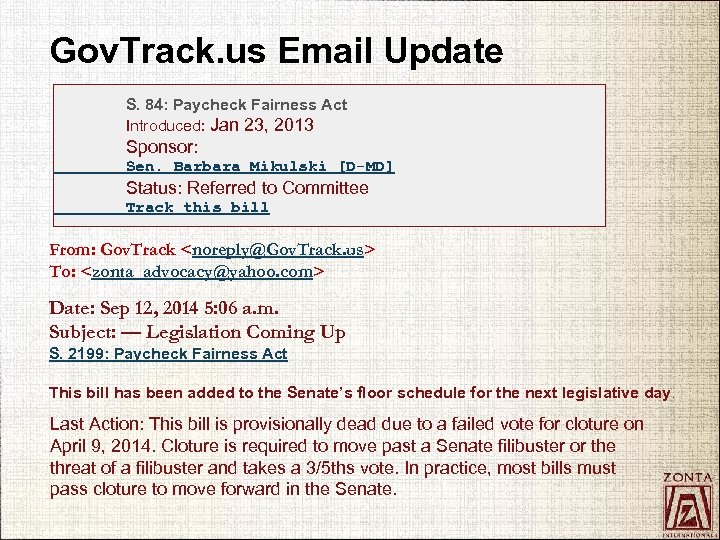 Gov. Track. us Email Update S. 84: Paycheck Fairness Act Introduced: Jan 23, 2013